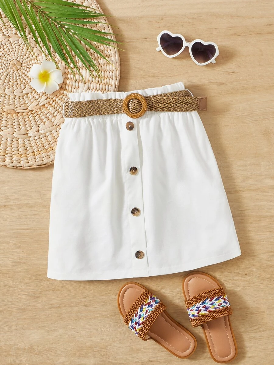SHEIN Girls Button Front Belted Skirt - White - View 1