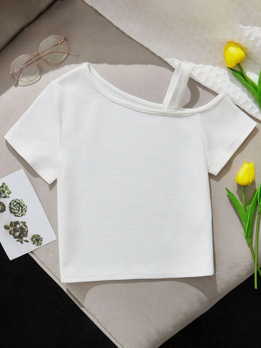 SHEIN Girls Solid Asymmetrical Neck Tee - White - View 1