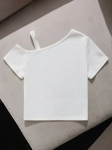 SHEIN Girls Solid Asymmetrical Neck Tee - White - View 2