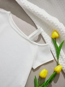 SHEIN Girls Solid Asymmetrical Neck Tee - White - View 4