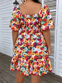 Breezaya Plus Size Boho Floral Print Twist Front Ruffle Hem Dress, For Summer