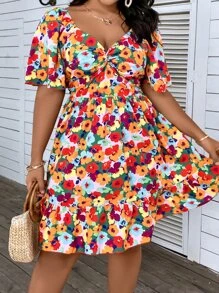 Breezaya Plus Size Boho Floral Print Twist Front Ruffle Hem Dress, For Summer