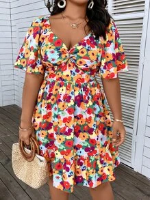 Breezaya Plus Size Boho Floral Print Twist Front Ruffle Hem Dress, For Summer