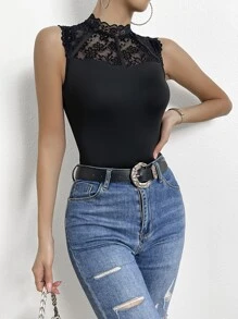 RosyDaze 蕾絲拼接小高領背心上衣 - 黑色 - 查看 4