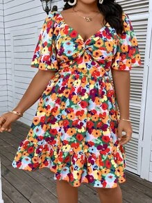 Breezaya Plus Size Boho Floral Print Twist Front Ruffle Hem Dress, For Summer