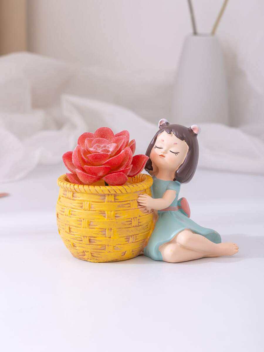 1個樹脂花盆,可愛女孩造型,創意裝飾擺件 - 彩色 - 查看 1
