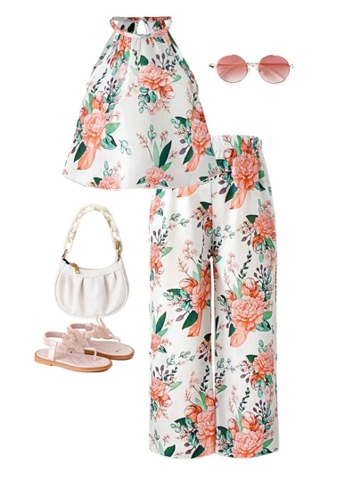 SHEIN Top De Tirantes Y Pantalones Florales Para Niñas