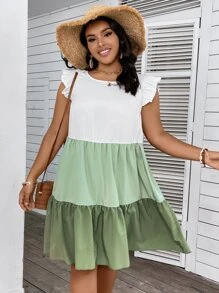 Breezaya Vestido smock de color combinado ribete con fruncido - Multicolor - Ver 1