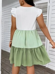 Breezaya Vestido smock de color combinado ribete con fruncido - Multicolor - Ver 2