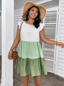 Breezaya Vestido smock de color combinado ribete con fruncido - Multicolor - Ver 3