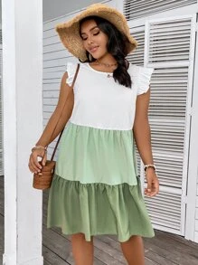 Breezaya Vestido smock de color combinado ribete con fruncido - Multicolor - Ver 5