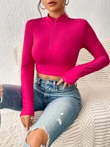 SHEIN Essnce 小高領半拉鏈短款T恤 - 玫紅色 - 查看 5