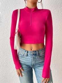 SHEIN Essnce 小高領半拉鏈短款T恤 - 玫紅色 - 查看 6