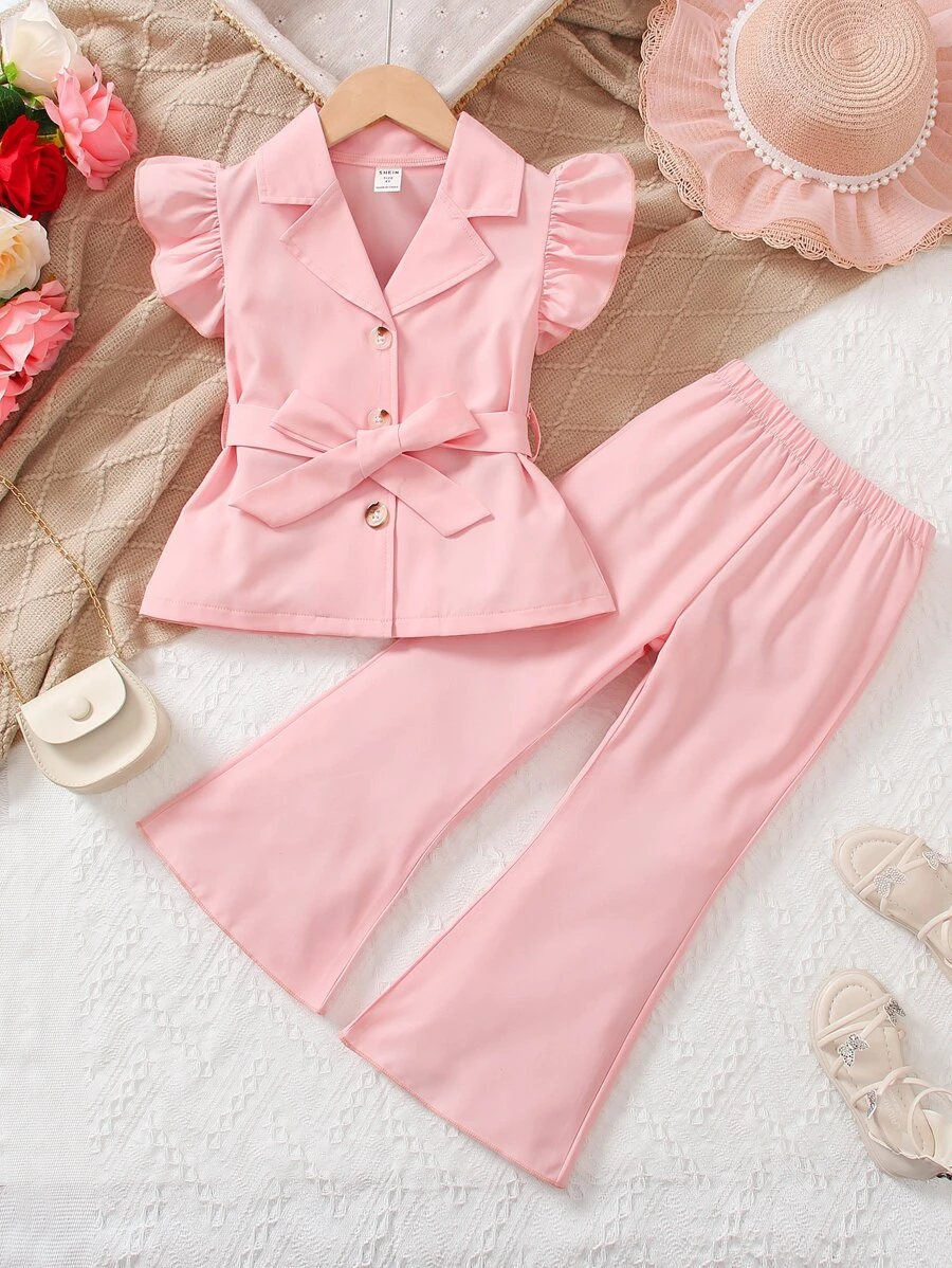 小女童荷葉邊西裝領襯衫和喇叭褲 - 淺粉色 - 查看 1