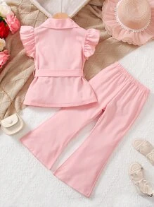 小女童荷葉邊西裝領襯衫和喇叭褲 - 淺粉色 - 查看 2