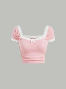 SHEIN MOD 蕾絲拼接前蝴蝶結T恤 - 淺粉色 - 查看 1