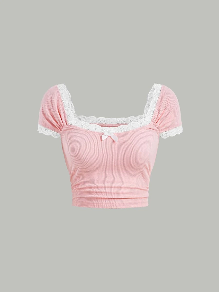 SHEIN MOD 蕾絲拼接前蝴蝶結T恤 - 淺粉色 - 查看 1