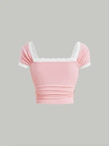 SHEIN MOD 蕾絲拼接前蝴蝶結T恤 - 淺粉色 - 查看 2