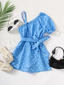 SHEIN Jumpsuit bé gái Bất đối xứng Tim Tất cả trên in Giải trí - Màu xanh lam - Xem 1