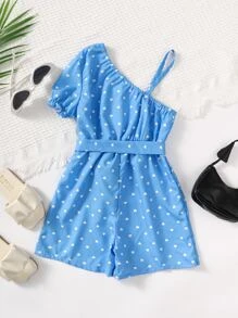 SHEIN Jumpsuit bé gái Bất đối xứng Tim Tất cả trên in Giải trí - Màu xanh lam - Xem 2