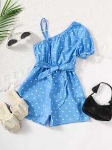 SHEIN Jumpsuit bé gái Bất đối xứng Tim Tất cả trên in Giải trí - Màu xanh lam - Xem 3