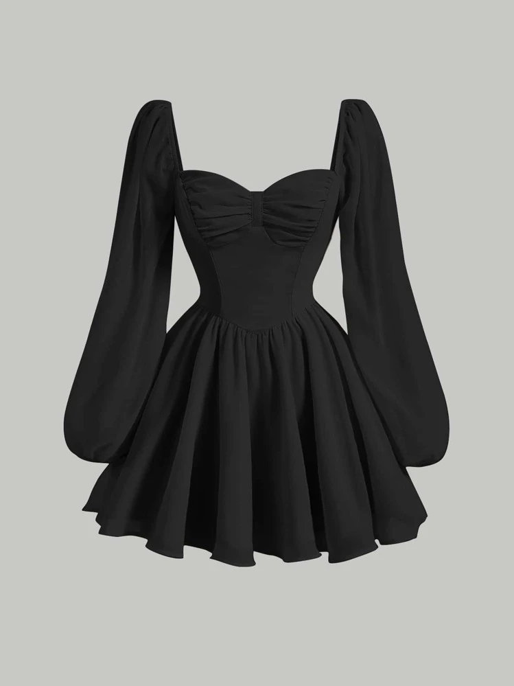 SHEIN MOD Vestido Negro De Manga Larga Suelta Con Cuello En Forma De Corazón, Mangas De Farol Y Busto Fruncido - Negro - Añade 1