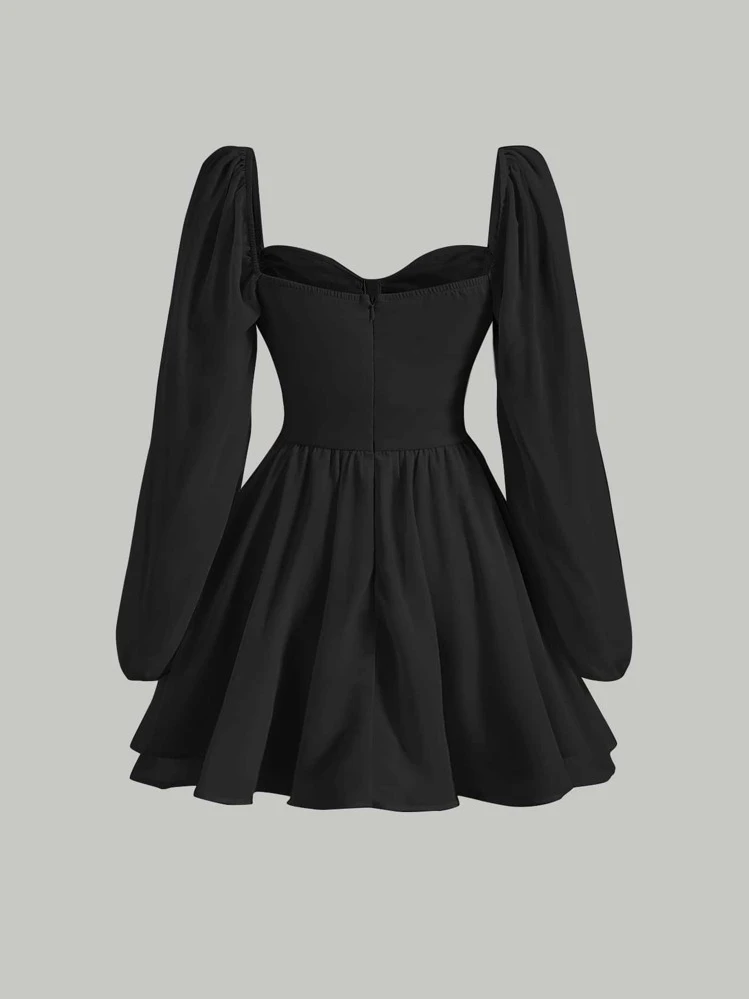 SHEIN MOD Vestido Negro De Manga Larga Suelta Con Cuello En Forma De Corazón, Mangas De Farol Y Busto Fruncido - Negro - Añade 2