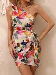 Breezaya Allover Print One Shoulder Knot Side Wrap Hem Dress - Multicolor - View 1