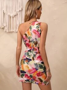 Breezaya Allover Print One Shoulder Knot Side Wrap Hem Dress - Multicolor - View 2