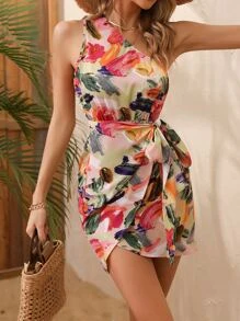 Breezaya Allover Print One Shoulder Knot Side Wrap Hem Dress - Multicolor - View 3