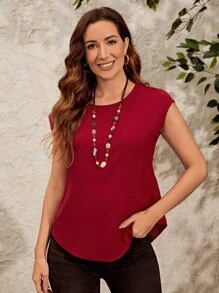 EMERY ROSE 蕾絲拼接弧形下擺上衣 - 酒紅色 - 查看 2