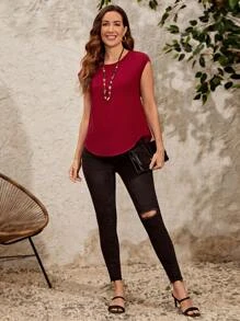 EMERY ROSE 蕾絲拼接弧形下擺上衣 - 酒紅色 - 查看 3