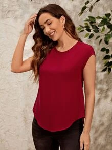 EMERY ROSE 蕾絲拼接弧形下擺上衣 - 酒紅色 - 查看 4