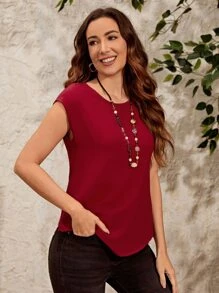 EMERY ROSE 蕾絲拼接弧形下擺上衣 - 酒紅色 - 查看 5