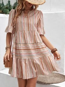 SHEIN Holidaya Vestido de esmoquin con estampado floral, mangas abullonadas y dobladillo con volantes para vacaciones y playa para mujer - Multicolor - Ver 3