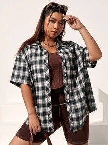 SHEIN EZwear Plus Plaid Print Drop Shoulder Shirt - Black and White - View 2