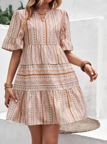 SHEIN Holidaya Vestido de esmoquin con estampado floral, mangas abullonadas y dobladillo con volantes para vacaciones y playa para mujer - Multicolor - Ver 6