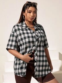 SHEIN EZwear Plus Plaid Print Drop Shoulder Shirt - Black and White - View 4