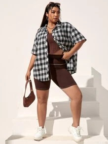 SHEIN EZwear Plus Plaid Print Drop Shoulder Shirt - Black and White - View 5