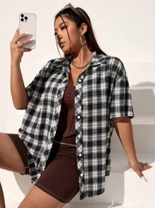 SHEIN EZwear Plus Plaid Print Drop Shoulder Shirt - Black and White - View 1