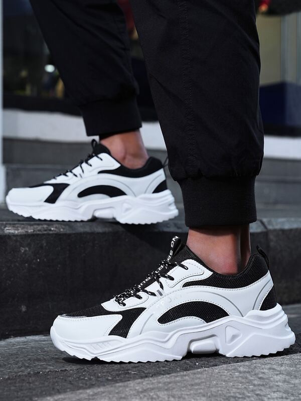 Men Two Tone Lace-up Front Sneakers, Fashion Black And White Chunky Shoes