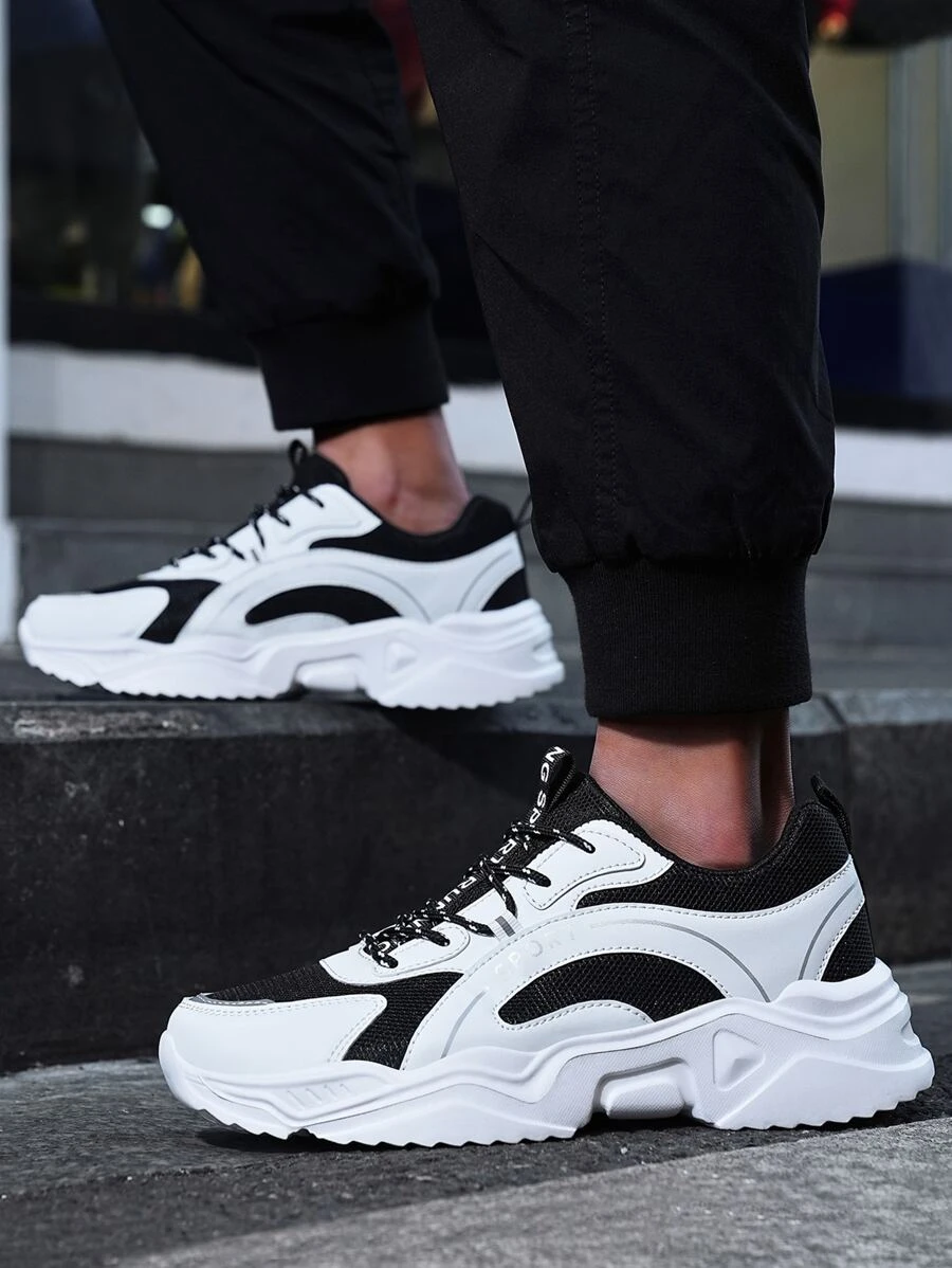 男士雙色前綁帶時尚黑色和白色老爹鞋