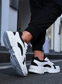 男士雙色前綁帶時尚黑色和白色老爹鞋