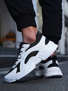 男士雙色前綁帶時尚黑色和白色老爹鞋