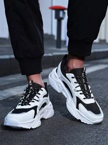 男士雙色前綁帶時尚黑色和白色老爹鞋