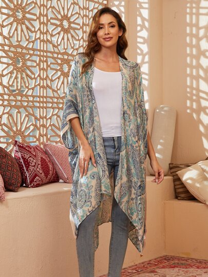 Paisley Print Batwing Sleeve Asymmetrical Hem Kimono Summer