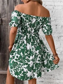 Breezaya 满身花卉印花露肩泡泡袖连衣裙度假海滩装女装 - 綠色 - 查看 2