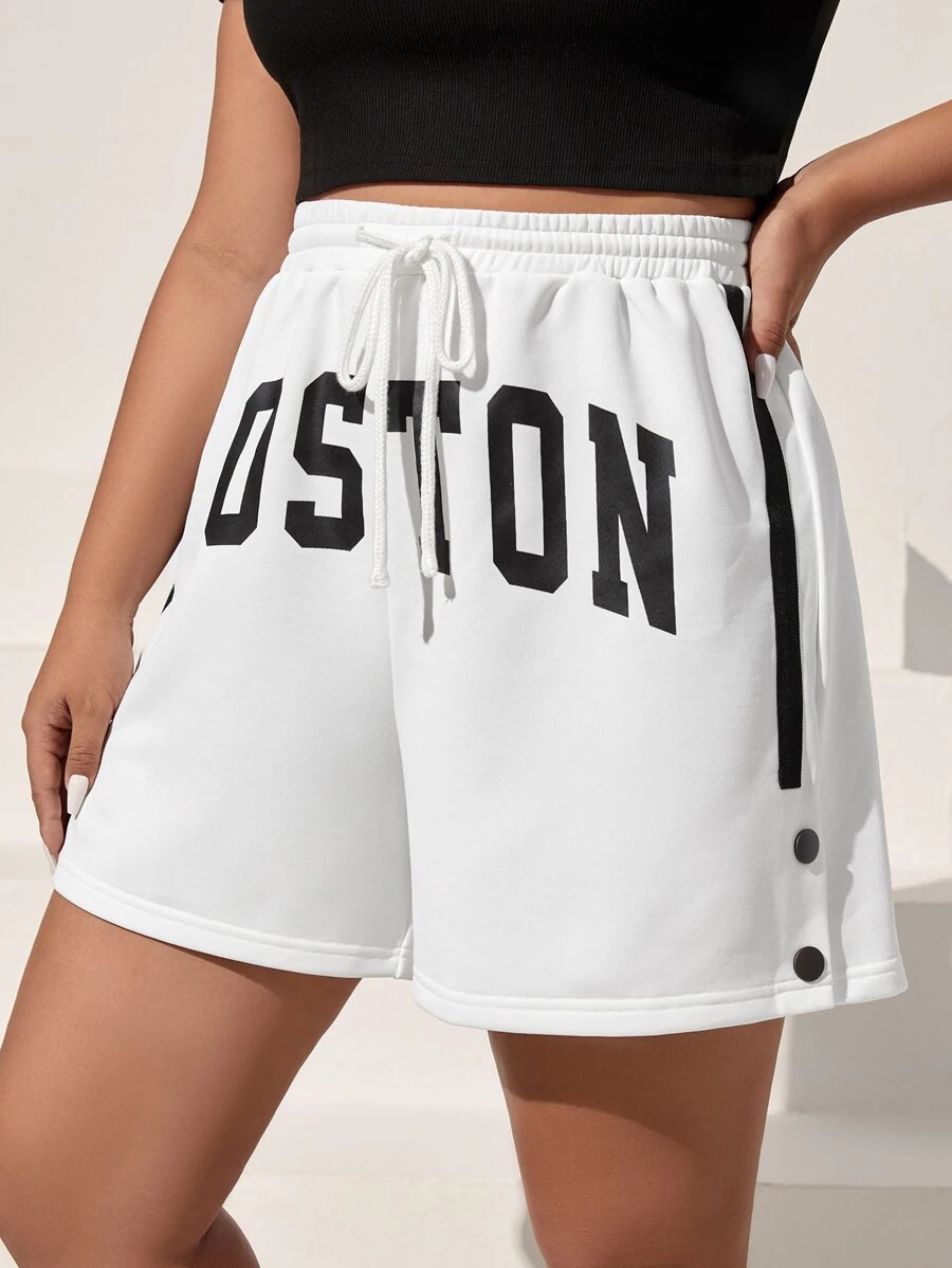 SHEIN EZwear Plus Letter Graphic Button Detail Drawstring Waist Shorts - White - View 1