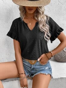 SHEIN LUNE Eyelet Embroidery Notched Neckline Flounce Sleeve Tee - Black - View 1