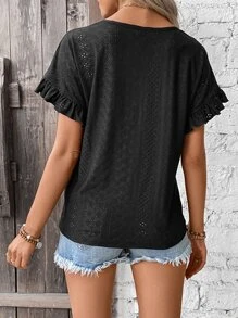 SHEIN LUNE Eyelet Embroidery Notched Neckline Flounce Sleeve Tee - Black - View 2